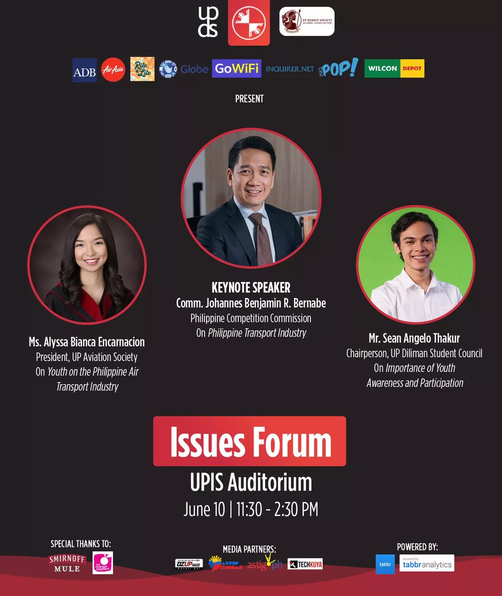 pidconline's tweet image. #PIDC2019 aims to inspire the youth to be at the forefront of quality discourse. 🤔

Hear these speakers who have #SetTheMotion of leading critical thinking in their own respective fields at the Issues Forum! Head to the UPIS Auditorium on June 10, 11:30 AM - 2:30 PM.

See you!