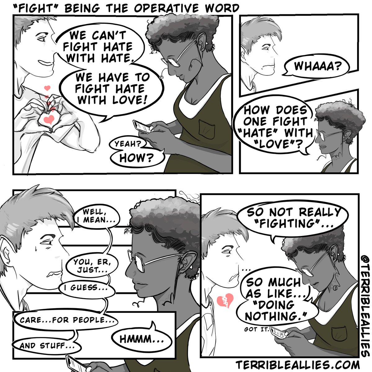 TerribleAllies's tweet photo. But isn’t the “fighting” really more of a metaphor? I don’t really want to FIGHT anything. Can’t we just LOVE institutional oppressions away? https://t.co/G89ep88Kk2 #terribleallies #microaggcomic https://t.co/AVjhsQAlvu