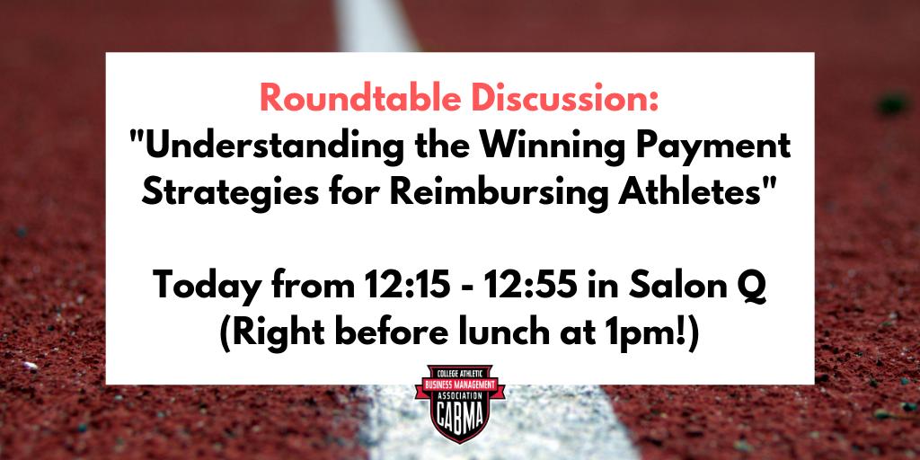 Vincent_Pay's tweet photo. Looking for your next session at #CABMA19? Don't miss a great discussion in Salon Q at 12:15PM. Come share and learn per diem strategies for getting your athletes fed and reimbursed at home and on the road. Lunch is at 1PM, so it's a perfect fit for your schedule! https://t.co/HVgqkzQD0A