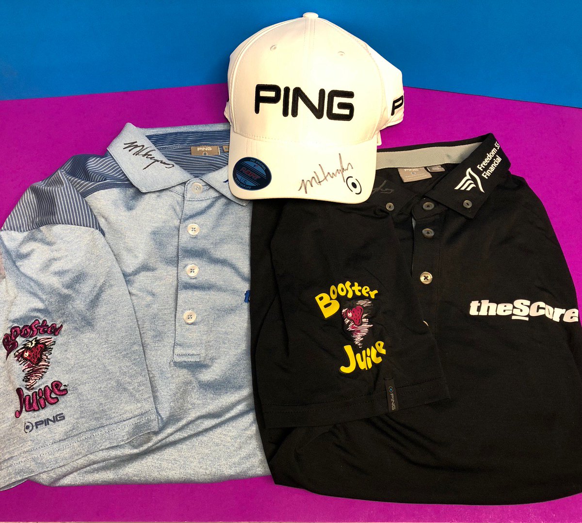 boosterjuice's tweet photo. It’s your last opportunity to RETWEET &amp; FOLLOW for the chance to win one of two golf shirts or a @PingTour hat signed by @MacHughesGolf. If you want a signed picture too, tell us your favourite smoothie in the comments! 😉 https://t.co/Gk6gNgm3sA