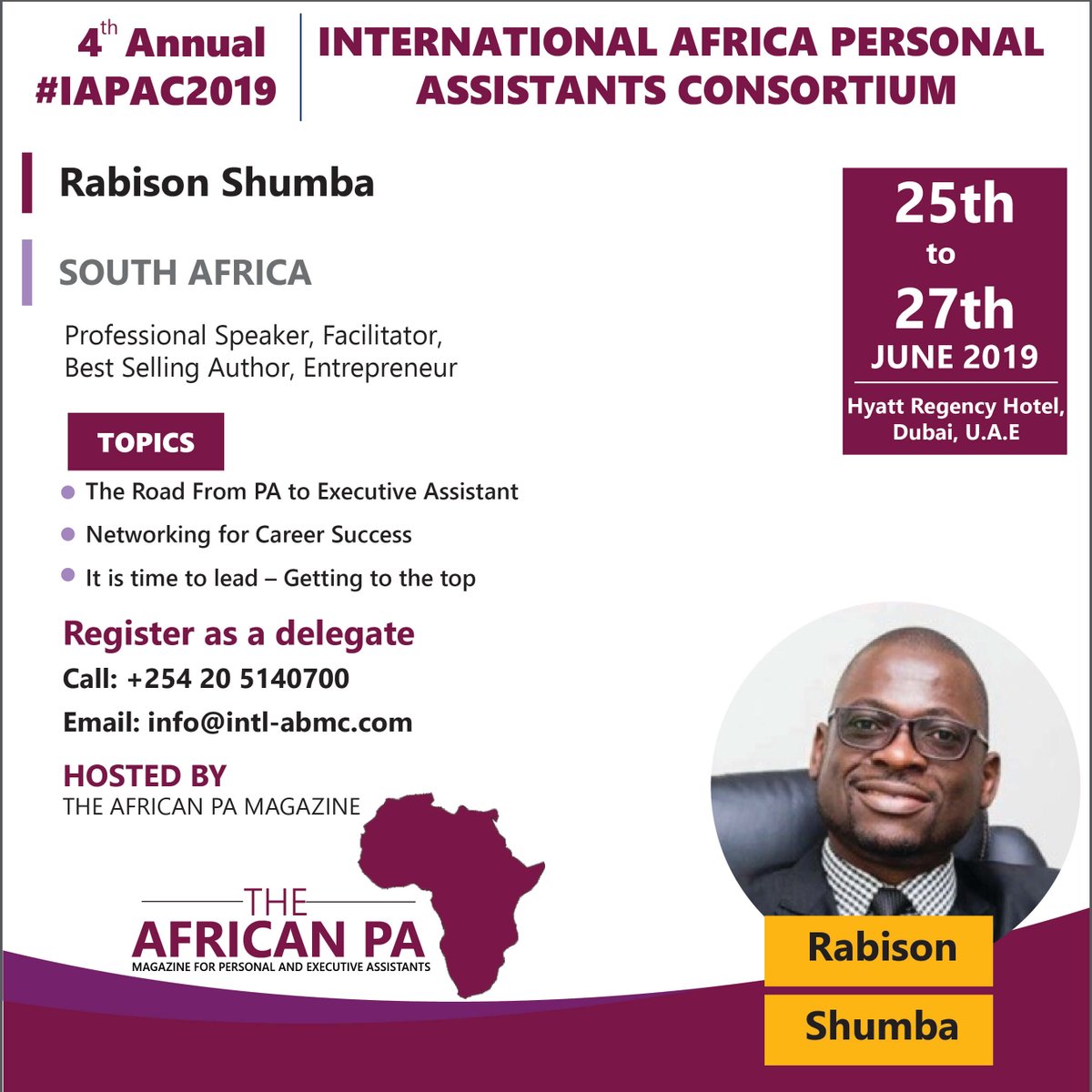#IAPAC2019DUBAI
Dubai - International Africa Personal Assistant Consortium, 
25th to 27th June 2019, Dubai
More information to Register: pos.li/2cam75