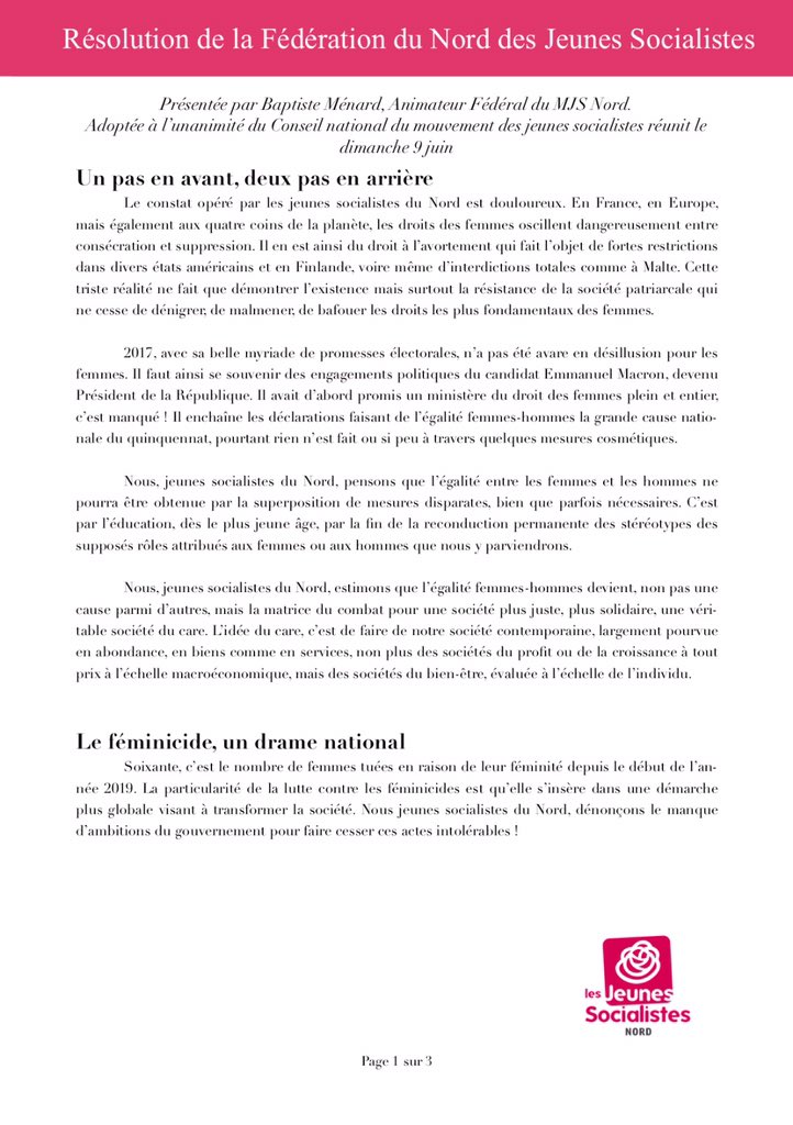 JeunesSocNord's tweet photo. Ce matin a été adoptée à l'unanimité notre résolution portée par @BaptisteMenard, notre animateur fédéral, au #CNMJS. Nous souhaitons lutter contre les discriminations que subissent les femmes, et contre le #féminicide, qui constitue un véritable drame national. https://t.co/xsN5PEqDav