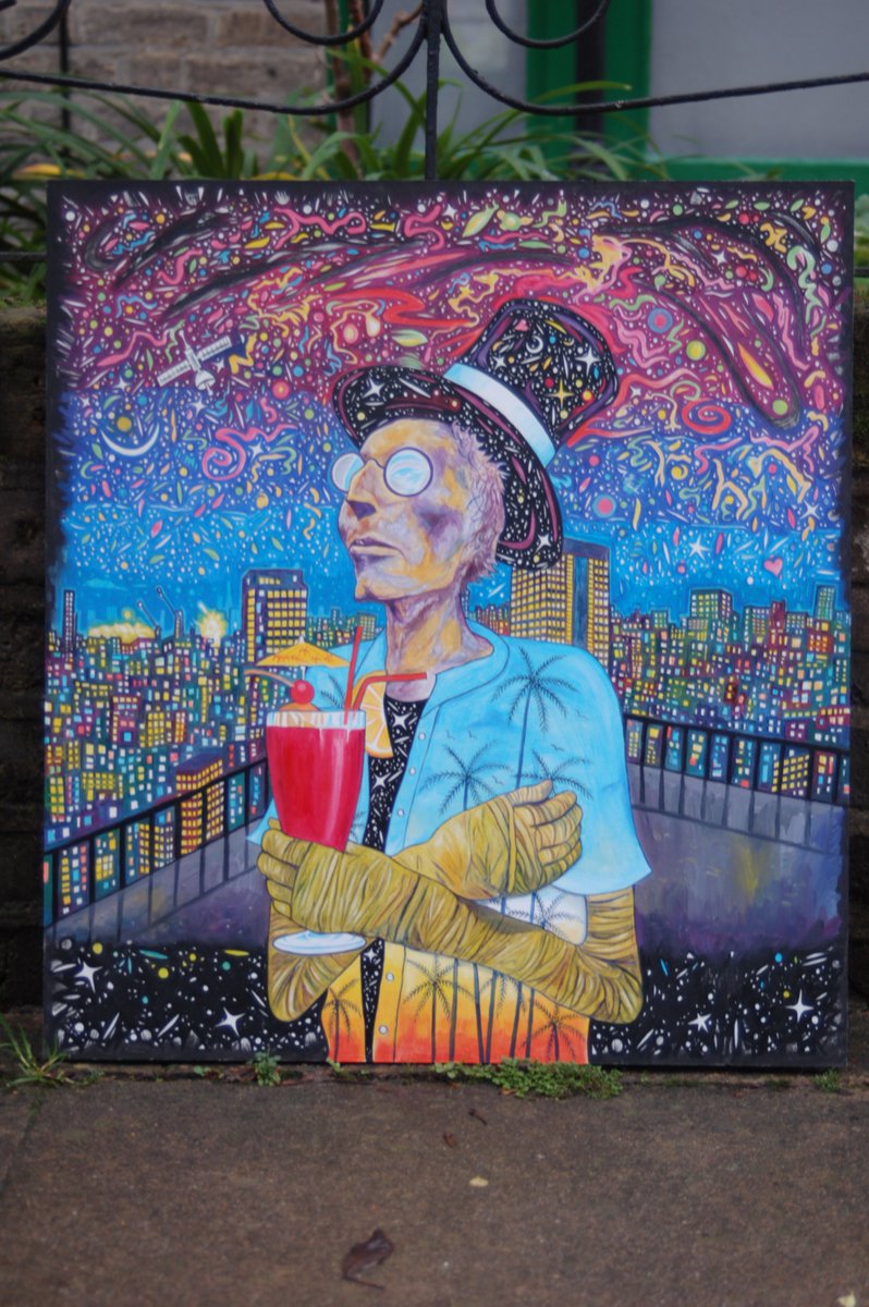 mrbattyart2's tweet photo. 'Long Kiss Goodnight' portraits, have to feature Sunglasses, a top hat, Hawaiian shirt, cocktail and have to have space coming through the picture https://t.co/hWz16JZrAM