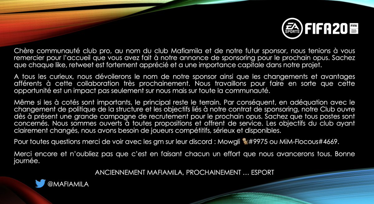 <a href="/FVPAeSport/">FVPA Esport</a> <a href="/eSportFA_FR/">ESPORT FOR ASSOCIATIONS</a> @CDC_PRO <a href="/CPTV_FIFA/">CPTV</a> @SpecialisteCP @EA_FIFA_France <a href="/Asso_eSport_CP/">Associations eSport FIFA Club PRO</a> <a href="/TactikduClubPro/">Tacticien Du ClubPro</a> @ActuCP_FR <a href="/AgentDuCP/">Agent Du Club Pro</a> <a href="/Yuestud/">Julien BRECARD</a> <a href="/VPGFrance/">VPG France</a> @CP_FIFA19 <a href="/OfficialVPG/">Virtual Pro Gaming</a> <a href="/FIFArecrutePS4/">recrutement PS4 et PS5</a> <a href="/Agent2Joueurs/">Agent de joueurs</a> <a href="/RTduCP/">RT du Club Pro</a> <a href="/Journal_ClubPro/">UnBordelais™🈂</a> @EsportRecrute <a href="/DuHebdo/">Mamadou du hebdo</a> <a href="/OM_RIZZO/">Rizzo 🇮🇹</a> <a href="/radioduclubpro/">La Radio du Club Pro</a>