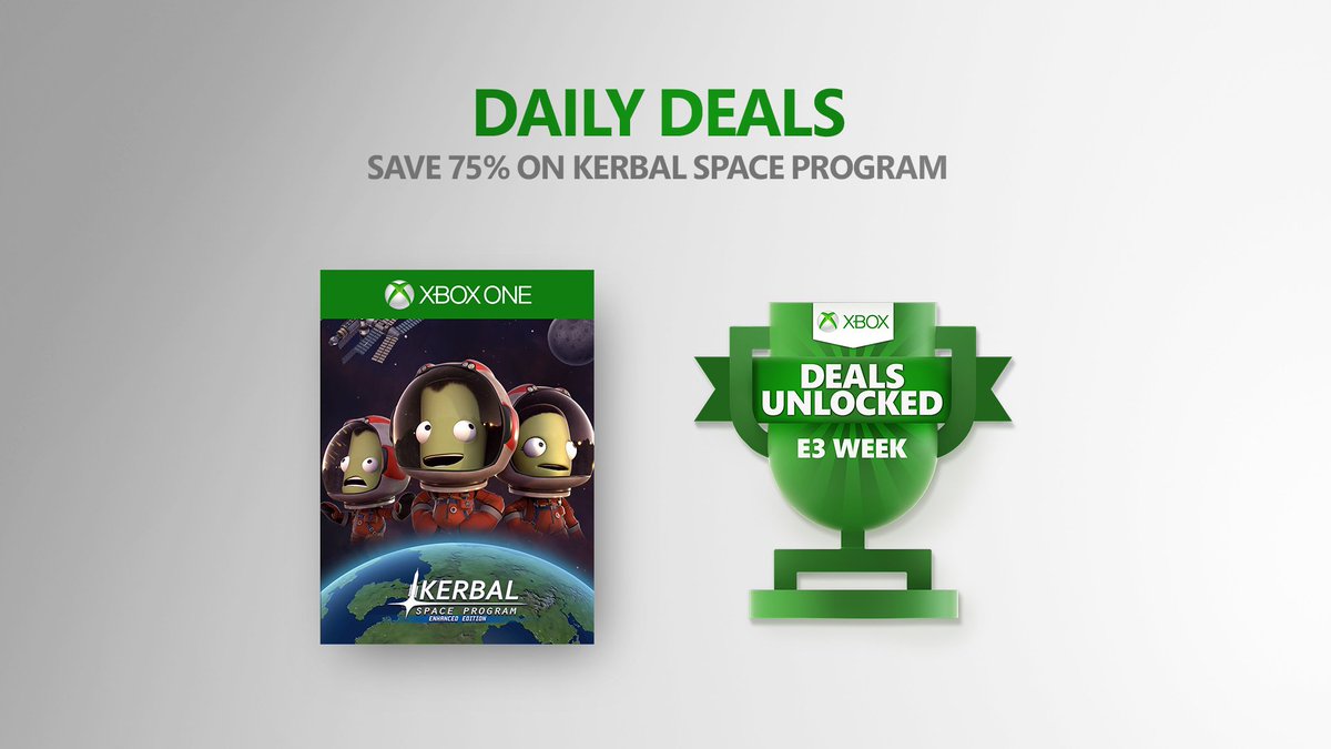 An Xbox Deals Unlocked badge with a packshot of Kerbal Space Program on a clean background. The copy reads ‘Save 75% on Kerbal Space Program’.