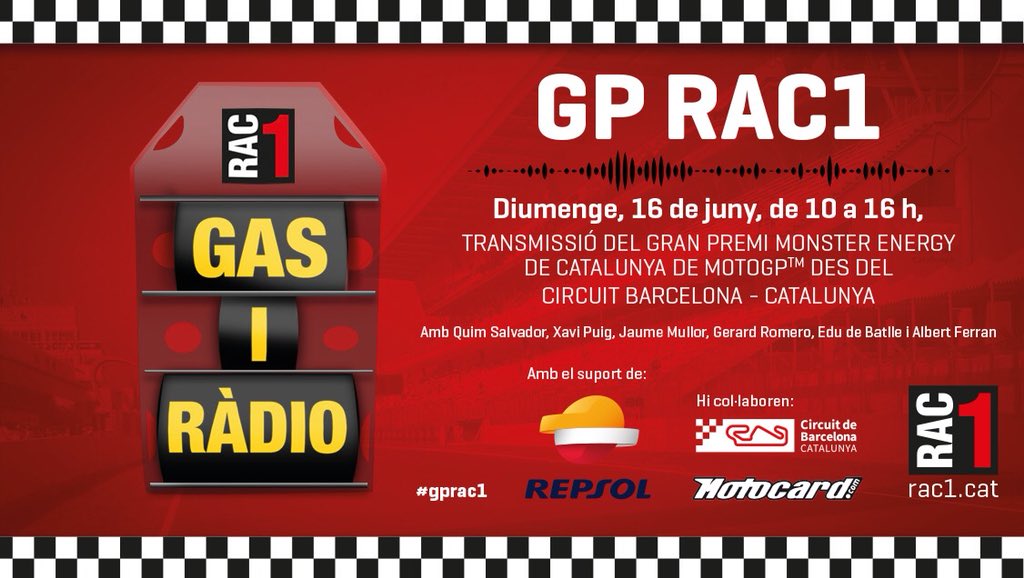 EsportsRAC1's tweet photo. 🎟 @EsportsRAC1 et convida al Gran Premi de Catalunya de MotoGP! 
👉 Segueix-nos i fes un RT per entrar al sorteig de 4 abonaments dobles! 
🍀Sorteig dimecres al #PrimerToc! 

#GPRAC1 https://t.co/fqV1mxo02i