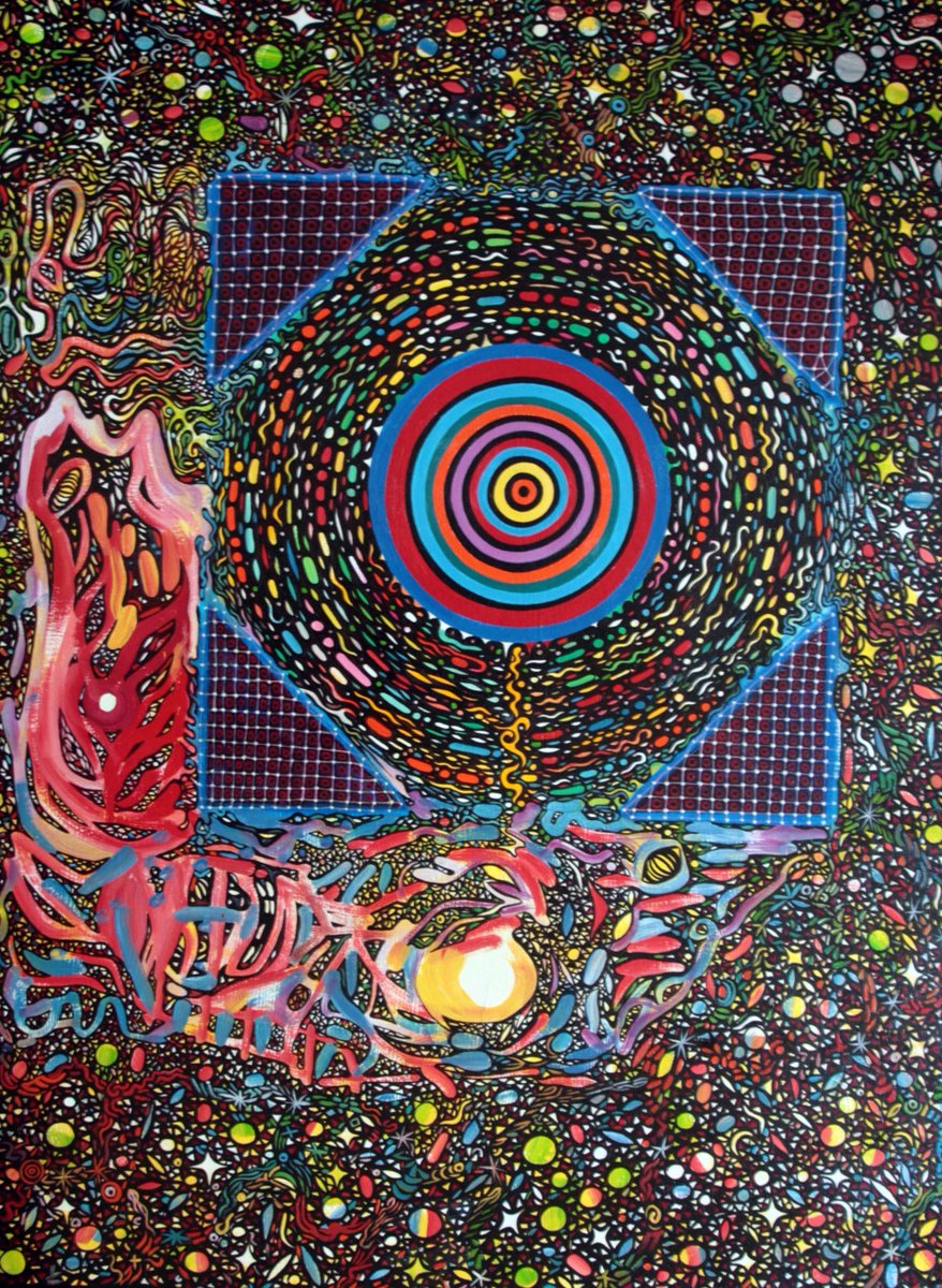 mrbattyart2's tweet photo. The photoshop of the black hole was inspired by a quote in the film 'Wall street' I'd also been taking photos of the film off the TV screen, over layered it with some of my Myspace photoshop images, and then later I made the painting which also changed several times https://t.co/NciW549yAO