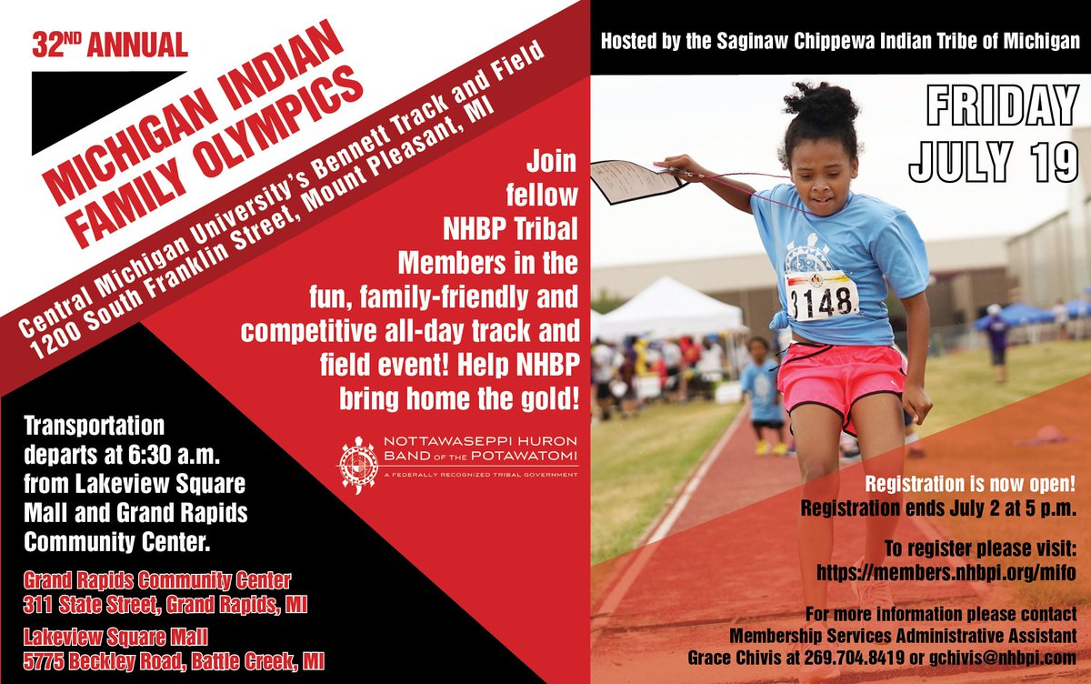 nhbpi's tweet photo. NHBP Tribal Members are invited to sign up for the Michigan Indian Family Olympics hosted by the Saginaw Chippewa Indian Tribe Friday, July 19. Sign up here: https://t.co/elm0uEmsOU https://t.co/EKYOVXlVaF