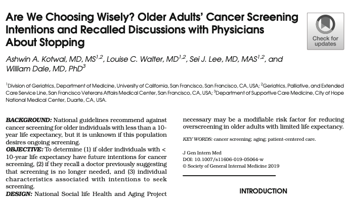 CostsofCare's tweet photo. Many older adults with limited life expectancy plan to continue #cancerscreening. ~75% recall no discussion that screening may not be needed. How do we reduce #overscreening & promote #patientcentered decision-making for preventive health interventions?
https://t.co/GmGkGYFUBv https://t.co/k20coaHWXq