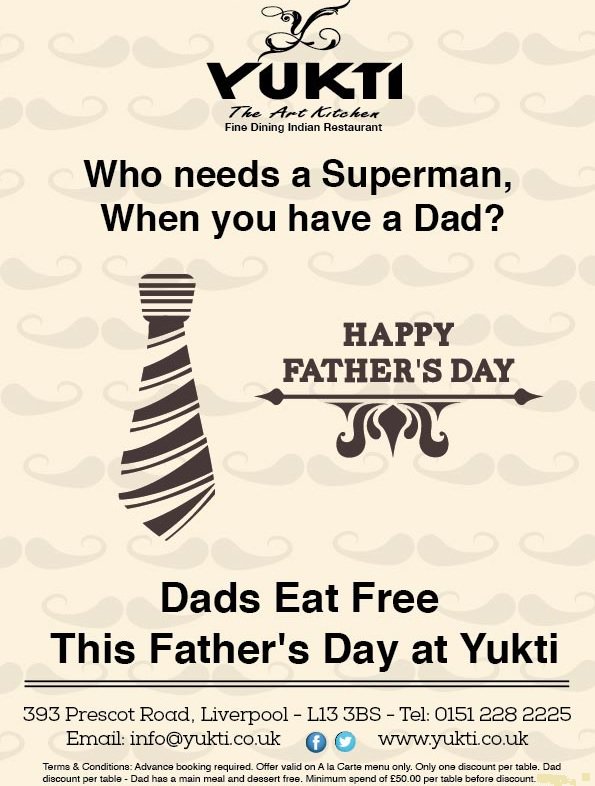 TheYukti's tweet photo. Father’s Day dinner is coming up! Make your reservations now!Dads Eat Free main meal and dessert free. To avoid disappointment please give us a call on #01512282225 #LiverpoolFC #Yukti #TheArtKitchen #Liverpool https://t.co/yk1R0JQij2