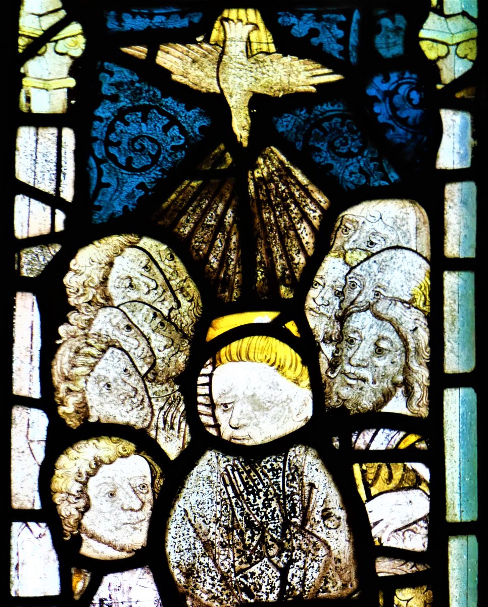 DrRebeccaPinner's tweet photo. As it's Pentecost today, here's a detail of the late medieval glass in one of the tracery lights from the east window at Saxlingham Nethergate, Norfolk, showing the holy spirit in the guise of a dove descending on the apostles #medievaltwitter #medievalstainedglass #medievalcraft https://t.co/4oVaJSpZBH