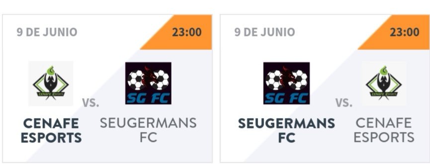 📢📢 Hoy seguimos con la 2a ronda de la #CopaVFO por parte de nuestros chicos de Clubes pro de #FIFA19

⏰ 23:15
⚽ #CenafeEsports VS <a href="/SeugermansFC/">Seugermans FC</a>
🏆 #CopaVFO 

⏰ 23:35
⚽ #CenafeEsports VS <a href="/SeugermansFC/">Seugermans FC</a>
🏆 #CopaVFO 

#SomosCenafe #TodoAlVerde
<a href="/CenafeEscuelas/">CENAFE</a> <a href="/cenafemadrid/">CenafeMadrid</a>
