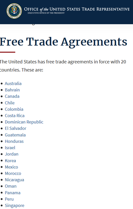 List of US free trade agreements
