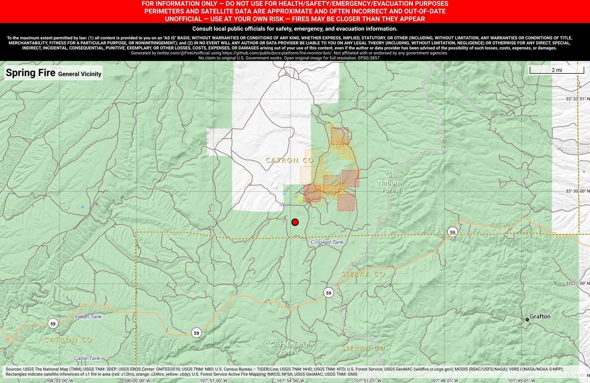 SWFireBot's tweet photo. #SpringFire 🔥 unofficial update: 1,900 Acres. 10% Contained*.
#CatronCounty Gila NF; ~17mi WNW of Winston, NM. ~84mi N of Deming, NM. See officials for safety info. May be incorrect; disclaimers in images. https://t.co/eSvJqxfAM0