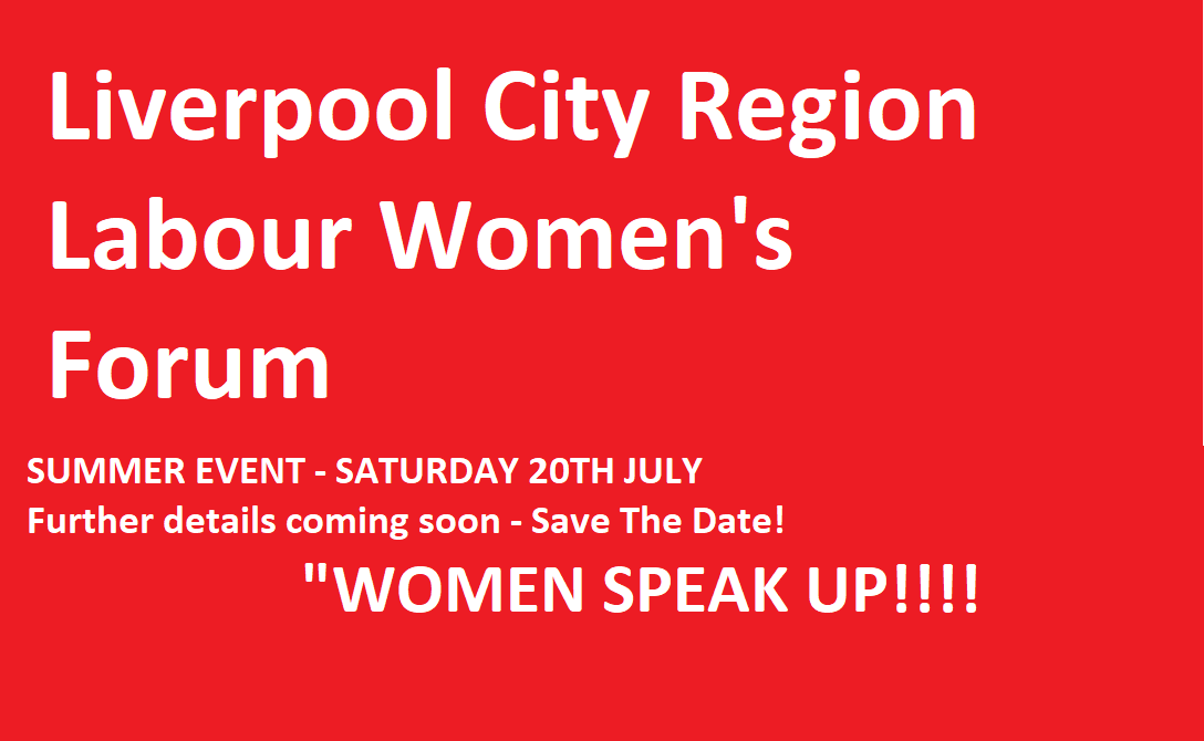 ExPrincesPkBLP's tweet photo. Liverpool City Region Labour Women's Forum - Summer Event, Women Speak Up!! #LiverpoolCityRegionLabourWomensForum #SummerEvent #WomenSpeakUp #Saturday, #20thJuly2019 Further details coming soon. Save The Date! https://t.co/RSYD1FfvWw