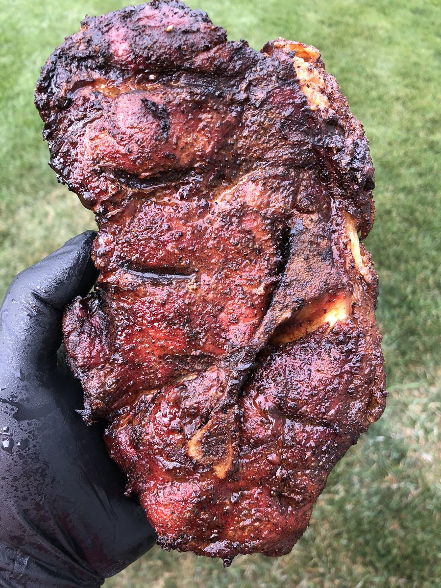 PrimacyMeatCo's tweet photo. Pork steaks on the direct heat pit yesterday. https://t.co/ceQfAmwWJG