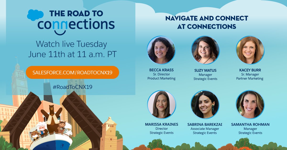 Dreamforce's tweet photo. With only a few days until #CNX19, the excitement is building! 😄 Watch #RoadToCNX19 on June 11 at 11 am PT with @BecsMay, @SuzyMatus, @KaceyBurr, @MarissaLK85, and @SabrinaBarekzai and @SamanthaJoy650. Tune in here: https://t.co/j9AvdpaLbI https://t.co/LE1BF2uwML