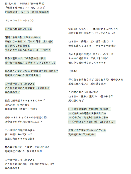 自由の翼 歌詞カード