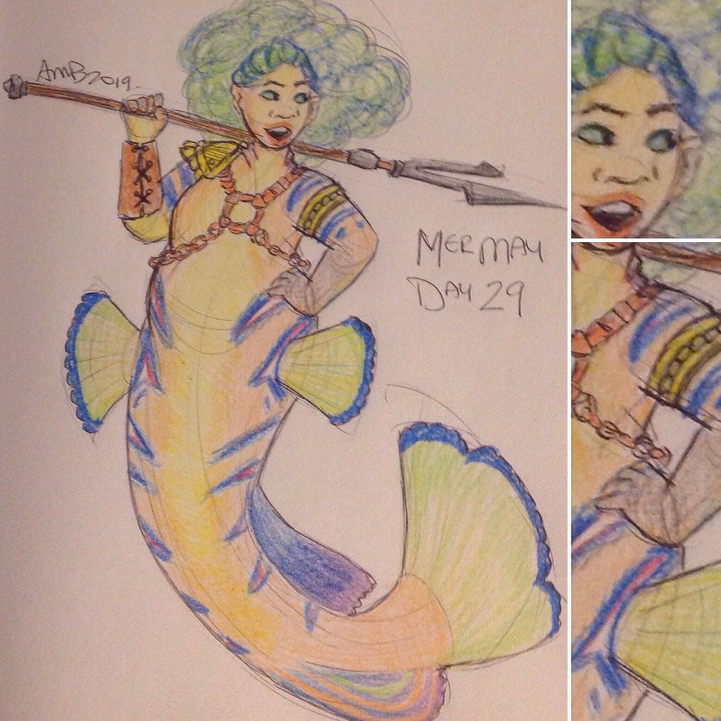 Manda_of_the_6's tweet photo. #MerMay Day 29 - a playful counterpart to the other royal guard (Day28); she's proud of her duty, but doesn't take the royal siblings' pranks to heart.
(Pose reference from another lovely Princess Rowena #SenshiStock photo)
#MandaDraws #mermaid #fantasy #characterdesign https://t.co/QVFbOVGQ3e
