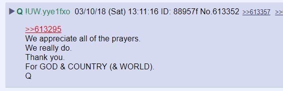 Fellow Patriots, I come to you humbly & with heavy heart to relay information I’ve been entrusted with from a trusted source. For purposes of safety for him & his family he will be referred to as Sam J. Anon ID: U6971Y. May God bless & protect us allQ Post asks for prayers:  https://twitter.com/dmills3710/status/1137762001478983680