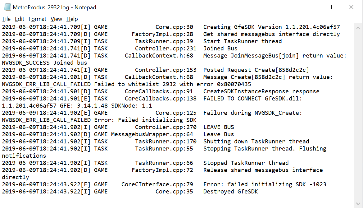 lenkid's tweet photo. @MetroVideoGame  @XboxGamePass After finally downloading Metro Exodus, I can't play it.  Game crashes on open. Second try opens in Safe Mode, asks to log into Xbox Live, which I don't have.  Here's an Nvidia log that came out of the issue. Please help? https://t.co/b5zoeApnhK
