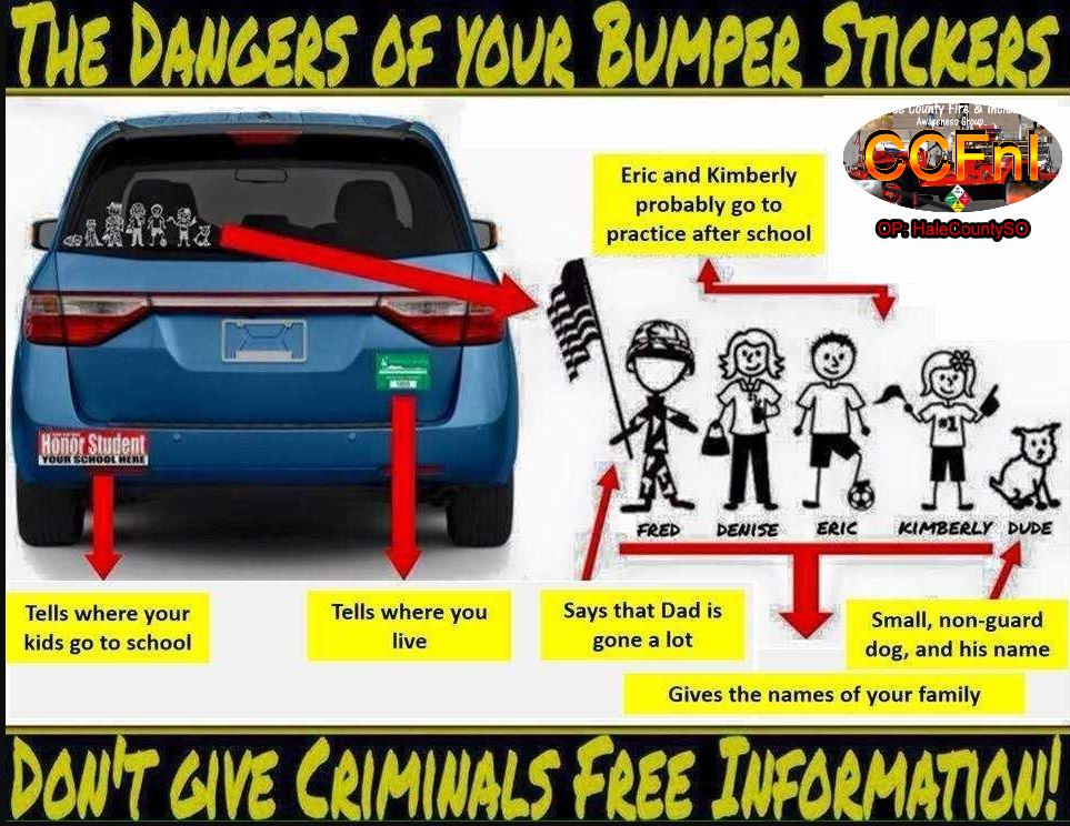 CCFirenIncident's tweet image. "ThankYou" for your #interactions, #CCFnI. @LisaMarra @pieper444 @sonoitateaparty @AZVail @suzlight #ThinkingSafety #PersonalSafety #DangersOfBumperStickers that give #Criminals more information than what you want to give them.