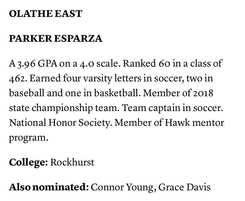 DrKalebStoppel's tweet photo. Congratulations to @OlatheEastHawks Parker Esparza, OE’s 2019 KC Star Scholar-Athlete selection! A 3-sport student-athlete (⚽️, 🏀, and ⚾️), 3.96 GPA, ⚽️ state champion, and now Rockhurst ⚽️ player! Multi-sport athlete who put in work in the classroom also! Proud of you! https://t.co/cQBfVJK129