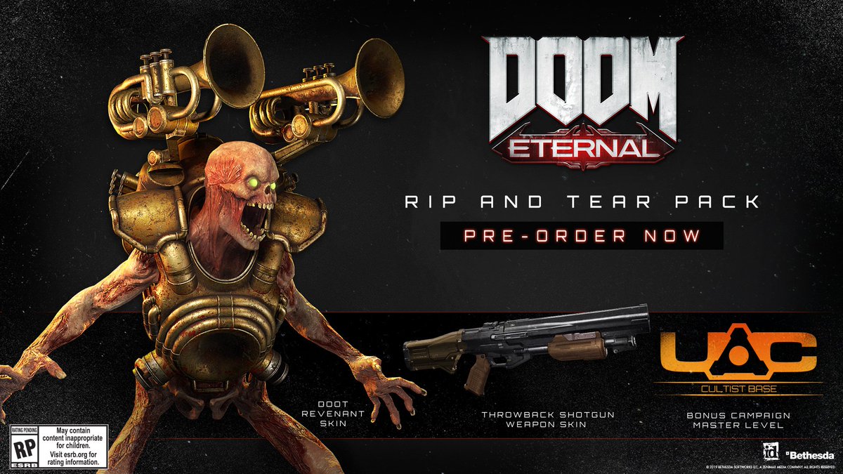 benzin Hassy Sympatisere Bethesda on Twitter: "You can pre-order DOOM Eternal to receive the Rip and  Tear Pack, including a DOOT Revenant skin, classic Shotgun weapon skin, and  a special Cultist Base Master Level. https://t.co/IbsYUkaAcs