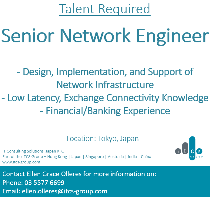 EllenItcs's tweet image. Don't let the rain🌧 stop you from applying to this fantastic opportunity ✨. Send your CVs now at ellen.olleres@itcs-group.com or call me at 03 4563 4822. itcs-group.com/jobdetails.php…
#ITCScareers #jobsinjapan #opportunities #banking #finance #network #networksupport
