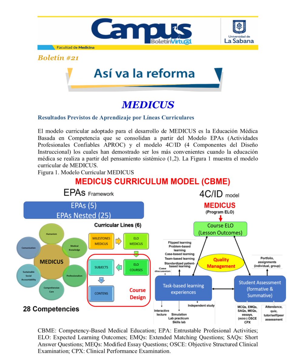 MedicusProgram's tweet photo. Bulletin # 21. Así va la Reforma. Expected Learning Outcomes by MEDICUS Curricular Lines @MedicinaSabana @unisabana. EPA's framework and 4C/ID @olletencate @erikwdriessen @P_A_Kirschner in this Bulletin. Tomorrow Education Subcommission will define ELO MEDICUS. https://t.co/yiOjUOsNUk