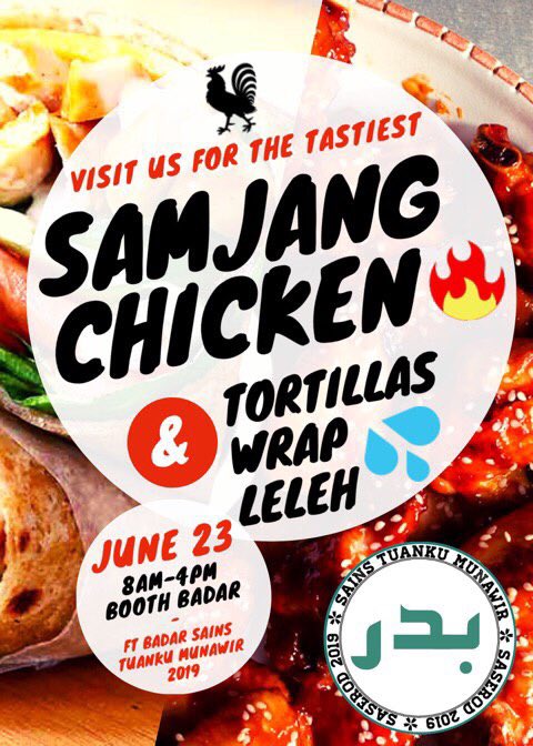 saseropenday's tweet photo. KINI KEMBALI 🤤
.
SAMJANG CHICKEN BERAPI🔥 DAN TORTILLAS WRAP LELEH🤤 YANG MENJADI KEGILAAN RAMAI 👮🏻‍♀️👨🏻‍✈️🙆🏻‍♀️🙆🏻‍♂️👨🏻‍🏫👩🏼‍💼👨🏼‍🍳
.
CARI KAMI DI BOOTH BADAR SAINS TUANKU MUNAWIR 🏫
.
23 • 6 • 2019 https://t.co/kSP297F96r