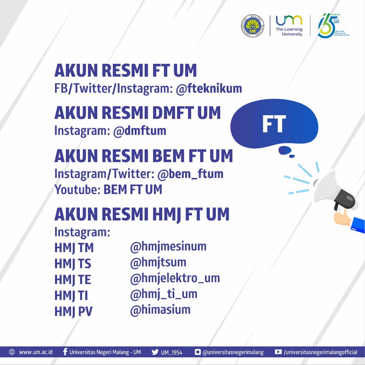 UM_1954's tweet photo. Selamat pagi, #CivitasUM dan Selamat Hari Media Sosial π
Berikut kami informasikan daftar akun resmi di Universitas Negeri Malang (UM).
#InfoUM #TheLearningUniversity #LPTK #Ristekdikti #KampusMalang #mahasiswamalang #HariMediaSosial #HariMedsos #10Juni #HariMediaSosialUM https://t.co/tcJlqppToP