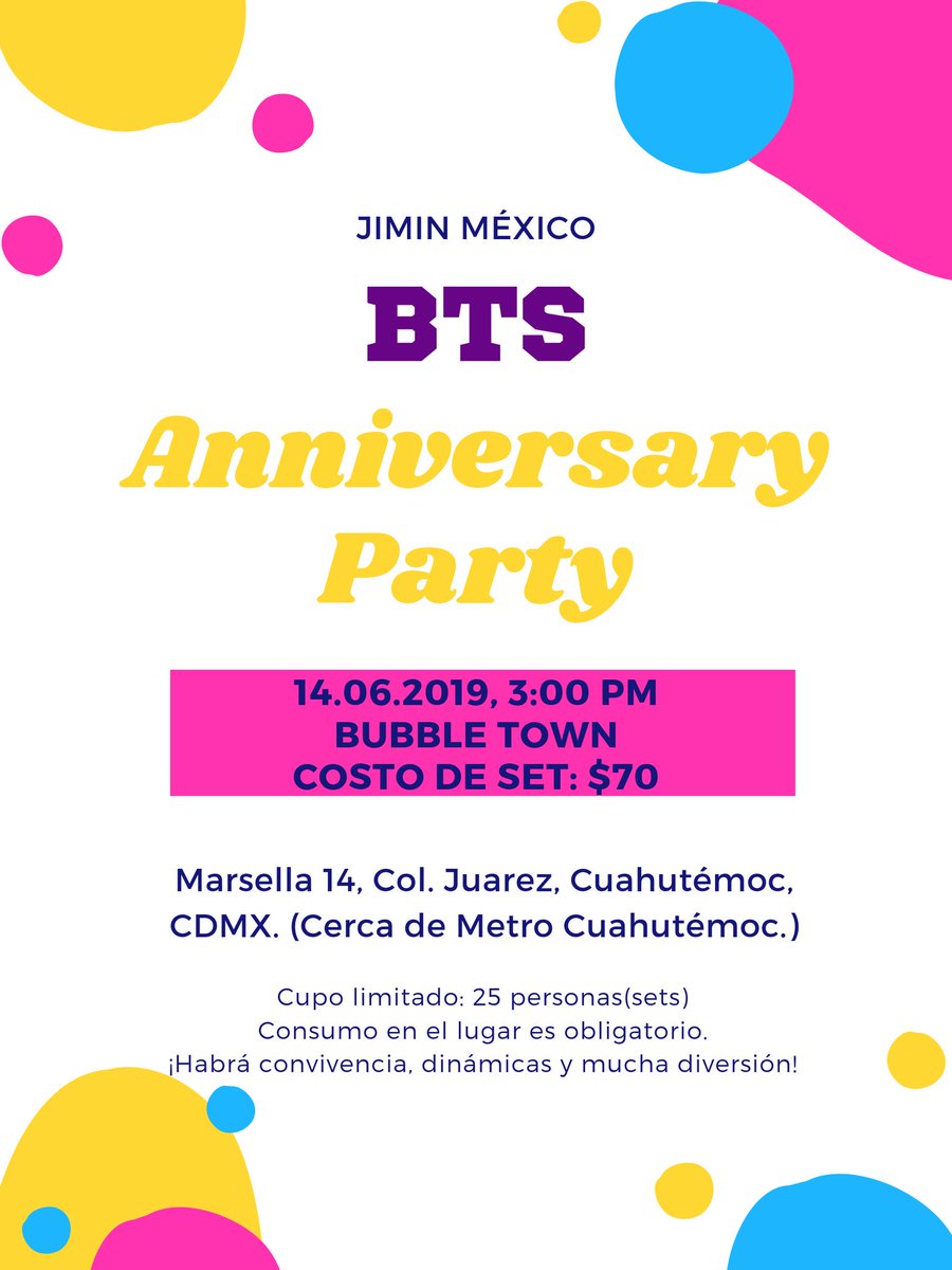 Jimin_Mexico's tweet photo. [BTS ANNIVERSARY PARTY]

💜 14 de JUNIO, 3:00PM, Bubble Town. CDMX.

💲Costo de SET: $70

📢 MAÑANA(10 de Junio) ÚLTIMO DÍA PARA APARTAR SET!! 

Anímense a celebrar el 6° Aniversario de @BTS_twt con JIMIN MÉXICO!! 😊

✨Los esperamos #ARMY. https://t.co/jKfxyVuecs