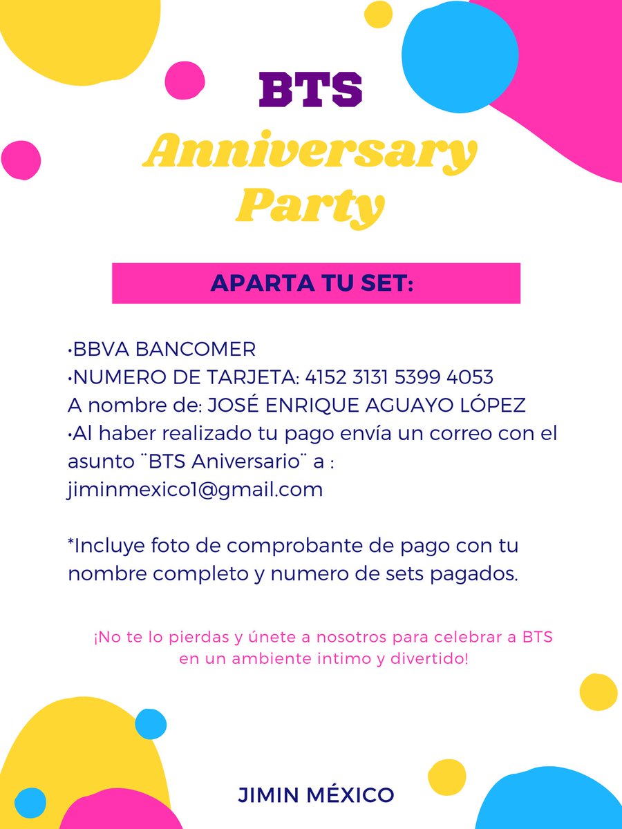 Jimin_Mexico's tweet photo. [BTS ANNIVERSARY PARTY]

💜 14 de JUNIO, 3:00PM, Bubble Town. CDMX.

💲Costo de SET: $70

📢 MAÑANA(10 de Junio) ÚLTIMO DÍA PARA APARTAR SET!! 

Anímense a celebrar el 6° Aniversario de @BTS_twt con JIMIN MÉXICO!! 😊

✨Los esperamos #ARMY. https://t.co/jKfxyVuecs