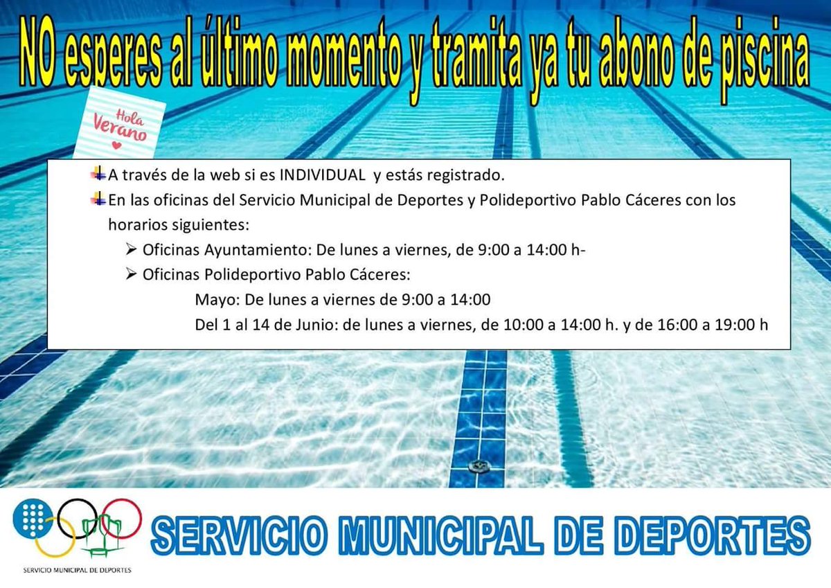 Ayto. MedinadelCampo (@ayuntamientomdc) on Twitter photo Este Sábado abren las piscinas muncipales de #medinadelcampo, tramita ya tu abono.
<a href="/UrbactMDC/">URBACT Medina del Campo</a> <a href="/DeportesMDC/">SMD Medina del Campo</a> Este Sábado abren las piscinas muncipales de #medinadelcampo, tramita ya tu abono.
<a href="/UrbactMDC/">URBACT Medina del Campo</a> <a href="/DeportesMDC/">SMD Medina del Campo</a>