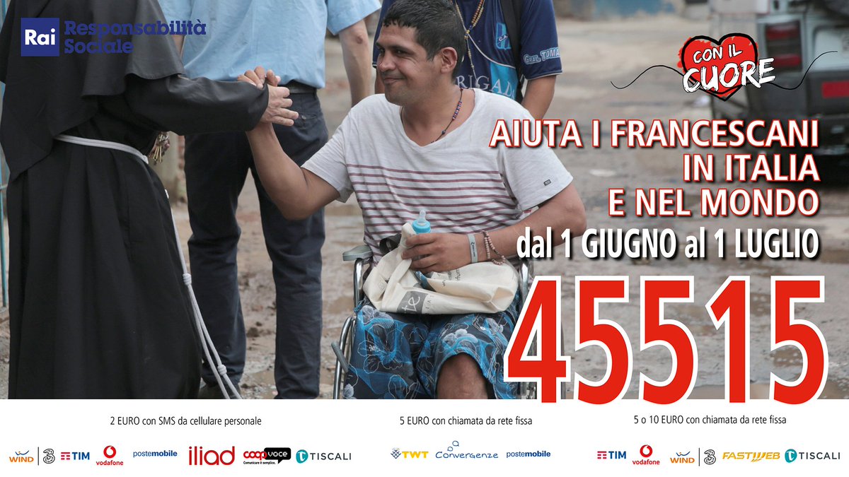 raisostenibile's tweet photo. Dal 10 al #16giugno, #Rai e #ResponsabilitàSocialeRai ospitano #RaccoltaFondi  #ConilCuore #NelnomediFrancesco, promossa da Onlus "Francesco d'Assisi un uomo un fratello" dei frati della Basilica di @francescoassisi.
#NumeroSolidale 45515. @Radio3tweet https://t.co/IDGmPT8jYj