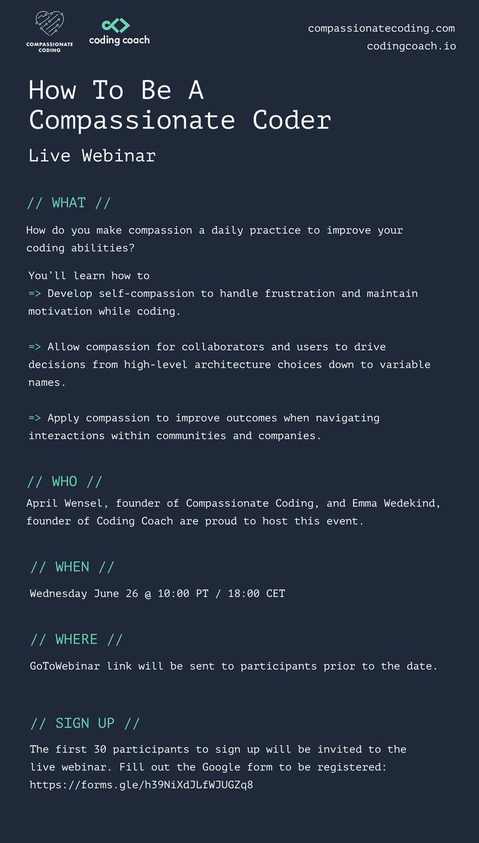 codingcoach_io's tweet photo. 🎉🎉🎉
ANNOUNCEMENT!

We are THRILLED to announce the first Webinar for "How To Be A Compassionate Coder" in partnership with @compassioncode! Sign up today to be one of the lucky participants who will learn how to be more compassionate in your coding career!
🎉🎉🎉 https://t.co/j8G2JtfznZ