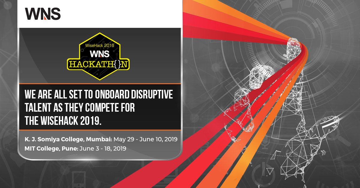 LifeatWNS's tweet photo. Our technology hackathon, #WiseHack is back! Participants from K.J. Somaiya, Mumbai &amp; MIT, Pune are set to create path breaking technology solutions. The best of them will get a chance to intern at WNS! Watch this space to find out who the winners are. #WiseHack2019 #WNSHackathon https://t.co/gOmrmsFTUE
