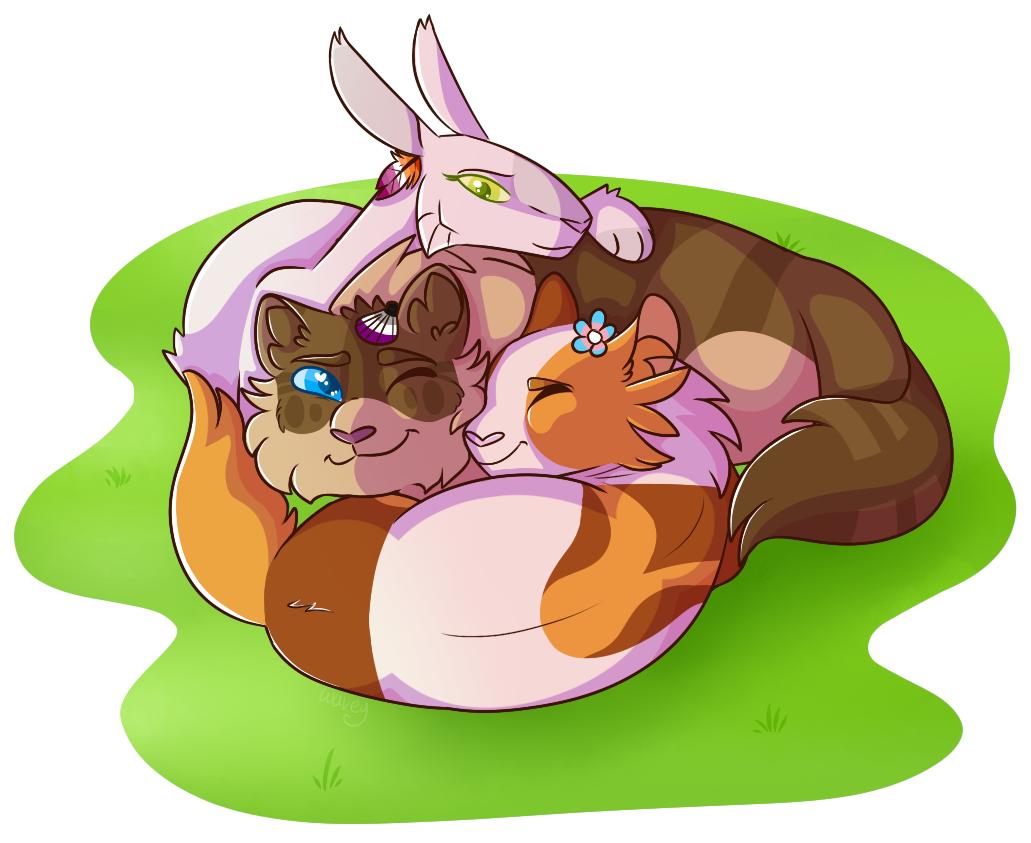mechafeline's tweet photo. The first (and hopefully not the only) bit of art I managed to make for pride month. My Warrior babies all cuddled together. ;w; #warriors #warriorcats #PrideMonth #whitefox #foxtail #wavewatcher #mechafeline #artistsontwitter https://t.co/2bZVX4Rrh0