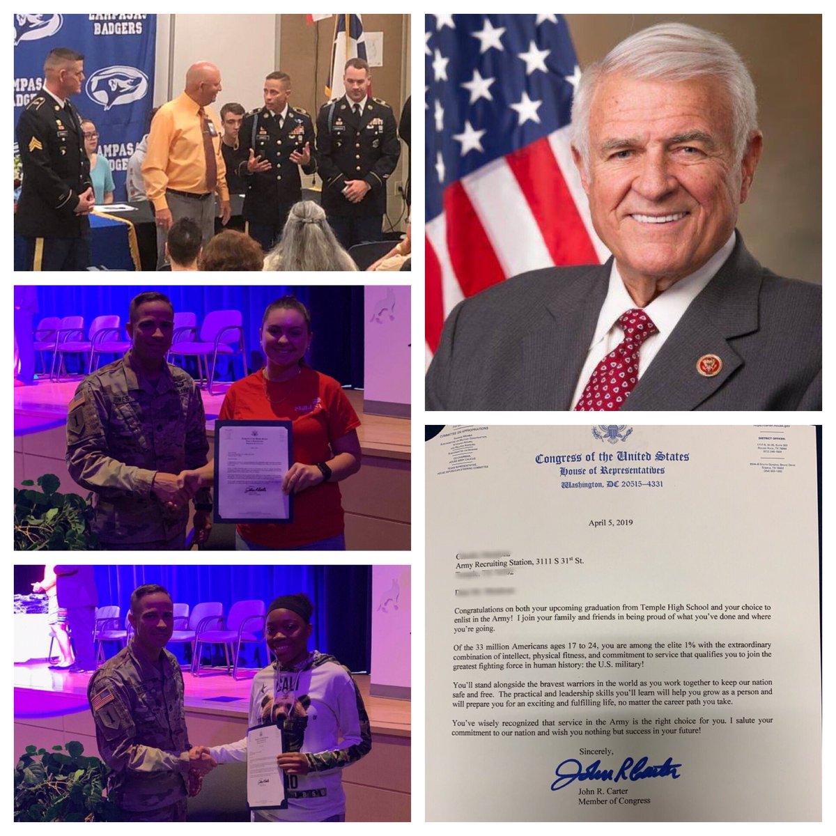 CaptainLyman's tweet photo. Congressmen John Carter of district 31 in Texas Supports the Troops!  A special thank you to Mrs Jean Shine for setting this up!  These Future Soldiers received special letters of congratulations and encouragement right before shipping off to basic training! https://t.co/1GlHqj7DeC