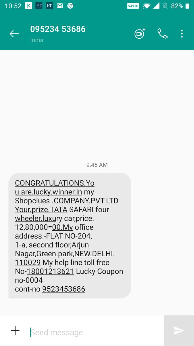 Saipragna's tweet photo. @ShopClues I think your company's data is getting stolen and people are receiving messages and calls like this. Please take care https://t.co/R1i3gTx4EY
