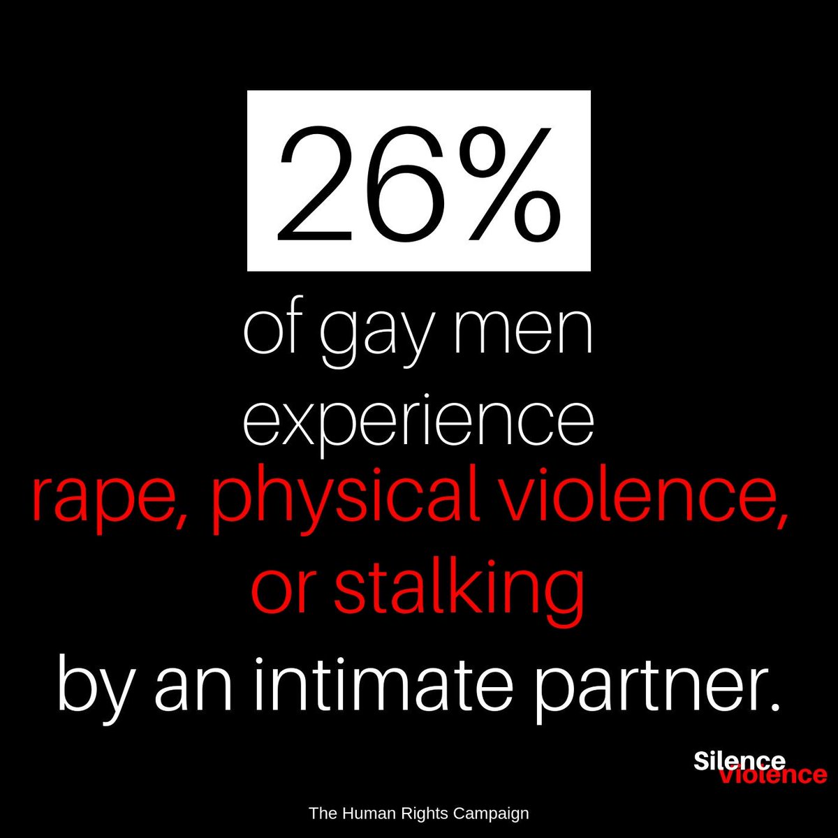 shidesv's tweet image. 26 percent of gay men and 37 percent of bisexual men experience rape, physical violence, or stalking by an intimate partner, compared to 29 percent of heterosexual men.
Source: @hrc
