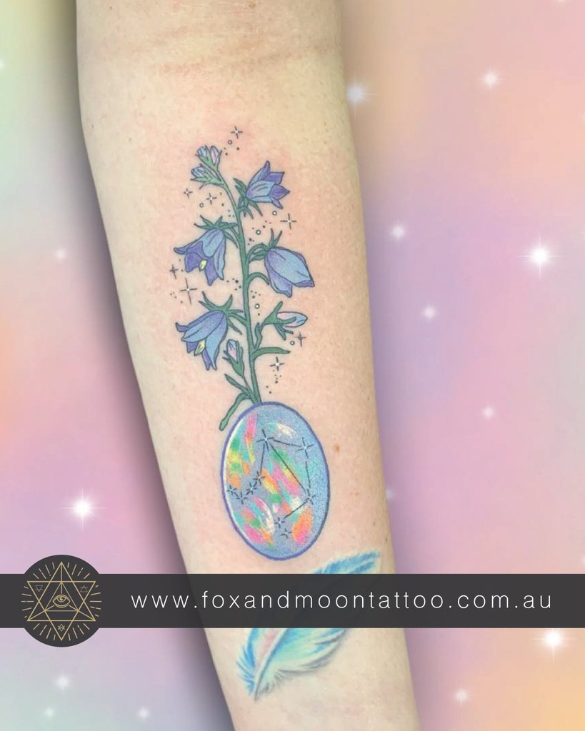 Fox And Moon Tattoo Bluebells Opals And Constellations In Kelly S Unique Style If You Re Digging It Then Send Us An Email Give Us A Call Or Pop In And Let S