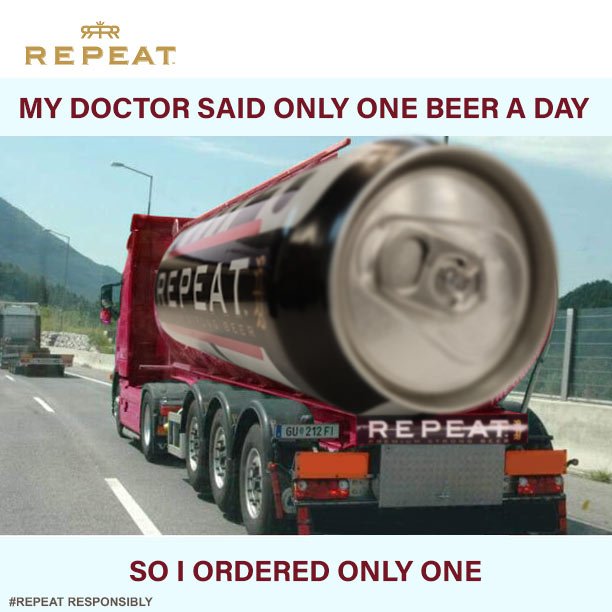 RepeatIndia's tweet photo. My doctor said only one beer a day so I ordered only one!
#Beer #BFF #Brew #DrinkResponsibly #Repeat #Premium #Strong #Chilled #Cheers #GoodThingsCallForARepeat #Drink #Dance #Music #RepeatDrinkers #BeerLove https://t.co/fGVy8FpMto