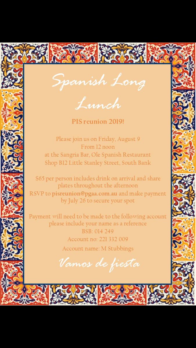 mark_stubbings's tweet photo. PIS Re-Union 5th Anniversary ‘Long Lunch’ Friday 9th August, Sangria Bar, OLE Spanish Restaurant. https://t.co/OsY1HTQdED