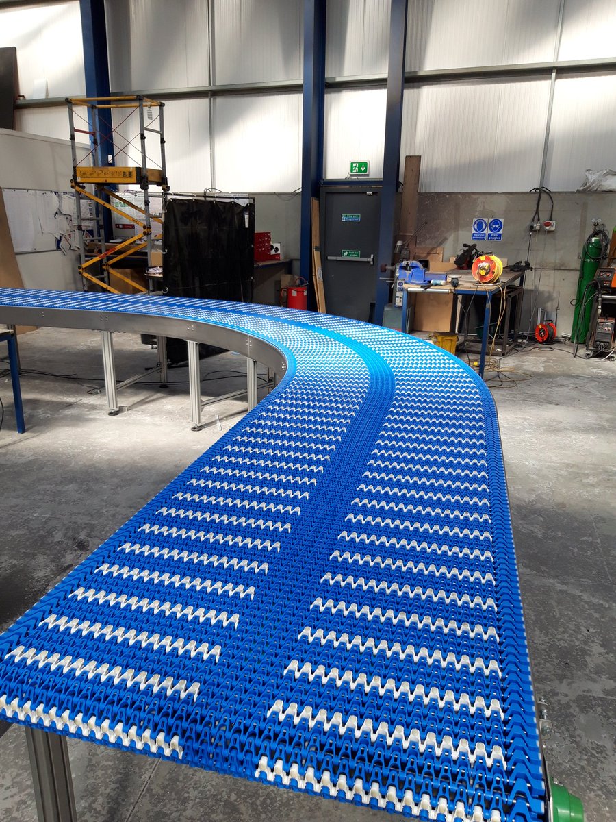 Proud of this lovely number! Curved Modular COB-140 plastic chain #Conveyor. Once tested, shipped to Ireland for use in #manufacture of doors #MadeInUk #MaterialHandling
