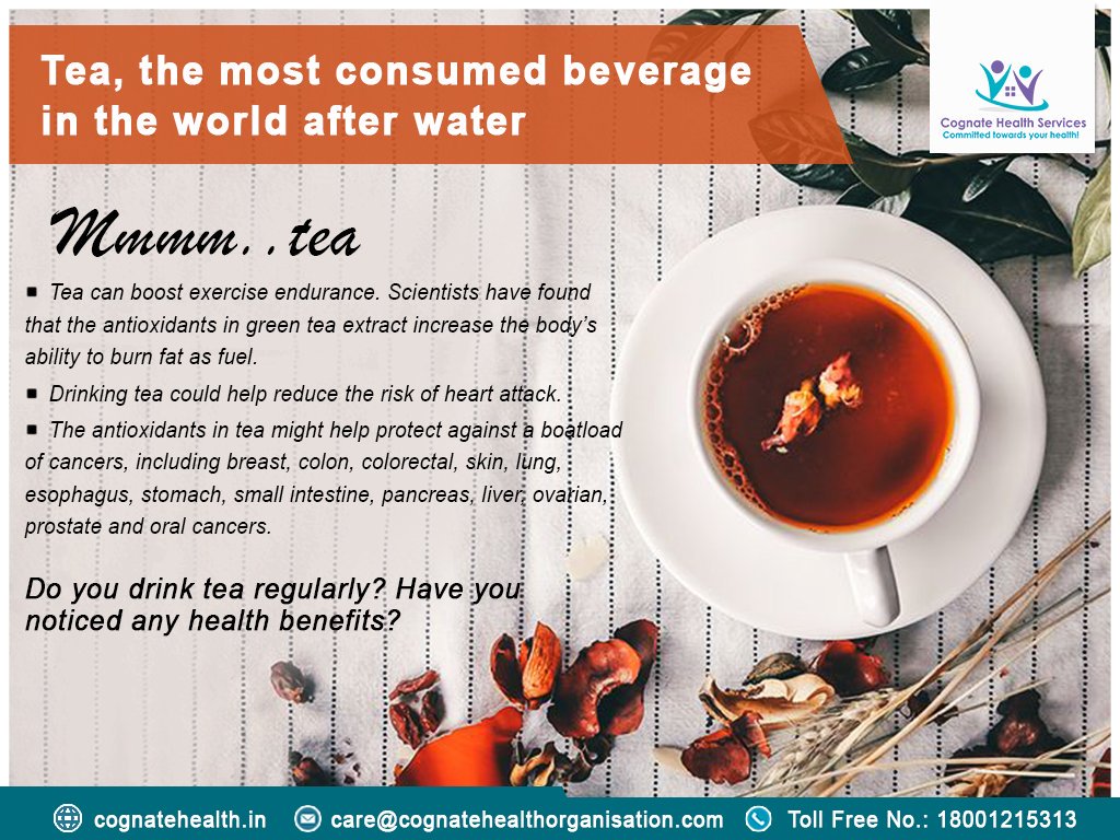CognateHealthD's tweet photo. There is nothing quite like a freshly brewed pot of tea to get you going in the morning.
Do you drink tea regularly?
#weekopening #monday #freshstart #health #stayfit #preventivehealthcare #Cognatehealth https://t.co/lfoy89sB2D