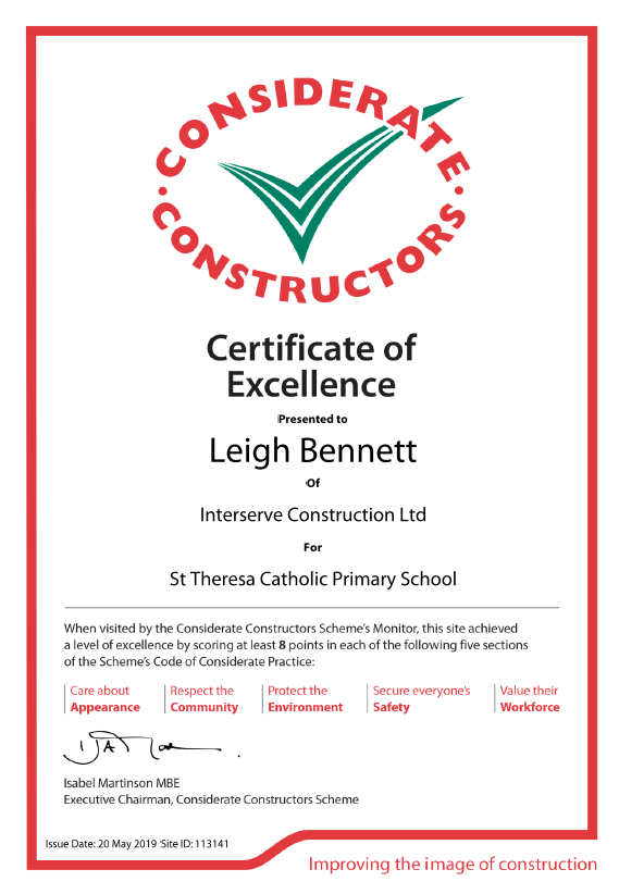 StTheresasICL's tweet photo. The St Theresa's team were presented a Certificate of Excellence by The Considerate Constructors Scheme. A big well done to everyone involved! #considerateconstructors #construction @IRVconstruction https://t.co/fmHztlsWkQ
