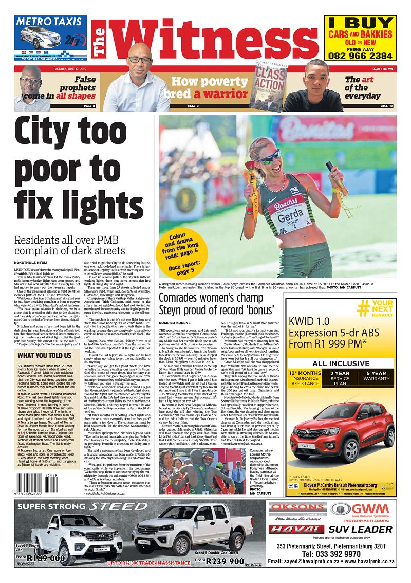 WitnessKZN's tweet photo. In The Witness today: PMB residents complain of dark streets | Comrades women's champ Steyn proud of record record | eThekwini mayor to stop aside | Slain 7's relatives 'living in fear' | Doctor suspects syndicate behind fake prescription. https://t.co/E8vh1qpYKD