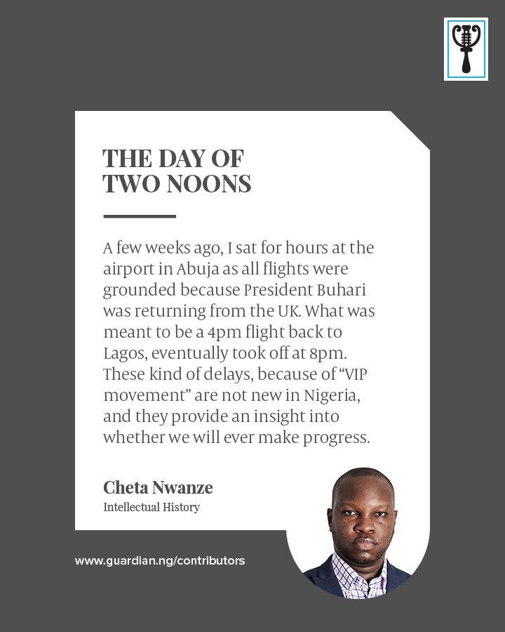 GuardianNigeria's tweet image. Pick up a copy of The Guardian on the newsstands as @Chxta takes an analytical look at the concept of Universal Time and how time still stands still for the 'big man' in Nigeria.
#Time #UniversalTime #Africa #IntellectualHistory #Nigeria #TheGuardianNg
